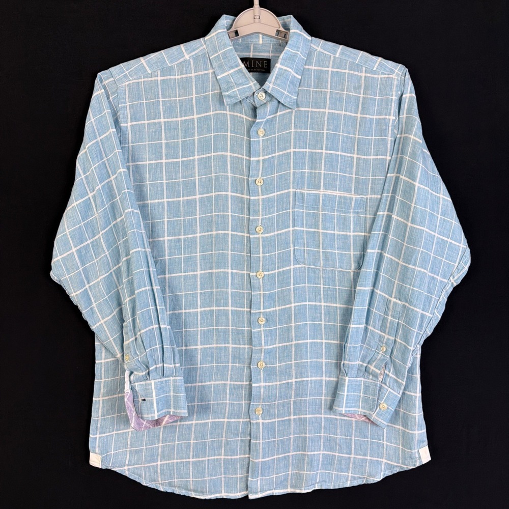 MINE London Milan 100% Linen Button Down Mens L Blue Windowpane Check Flip Cuff